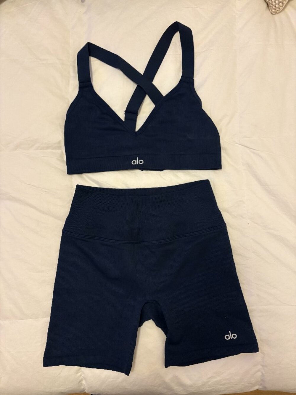 Alo Yoga Navy Seamless Ribbed Bra & Biker Shorts Set